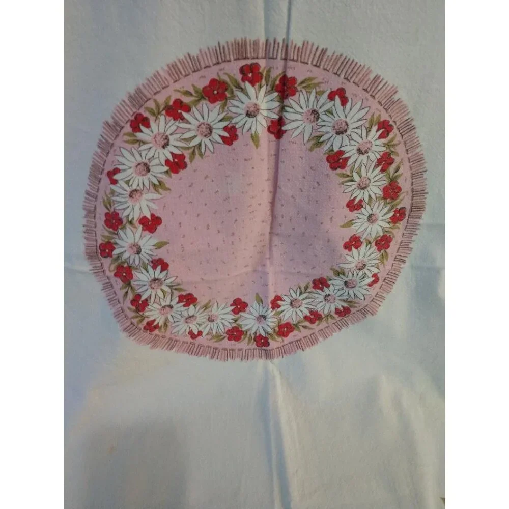 Vintage Cotton Tablecloth W/Floral &Vase Design Pink Green White 46-1/2